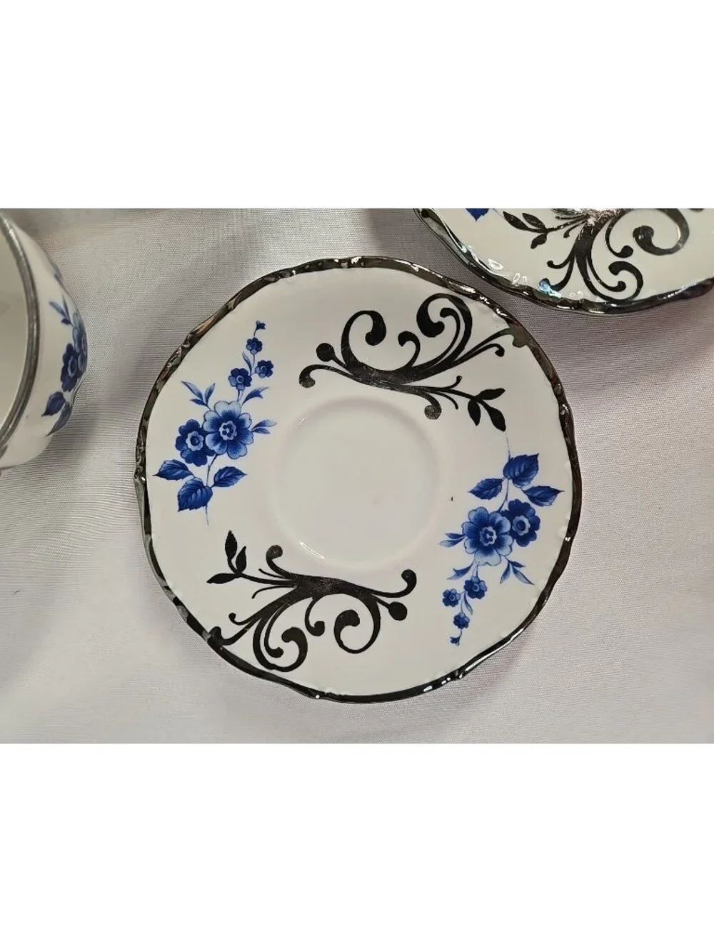 Set of 3 Artlynsa Tea Cups and Saucers Blue Floral with Silver Filagree